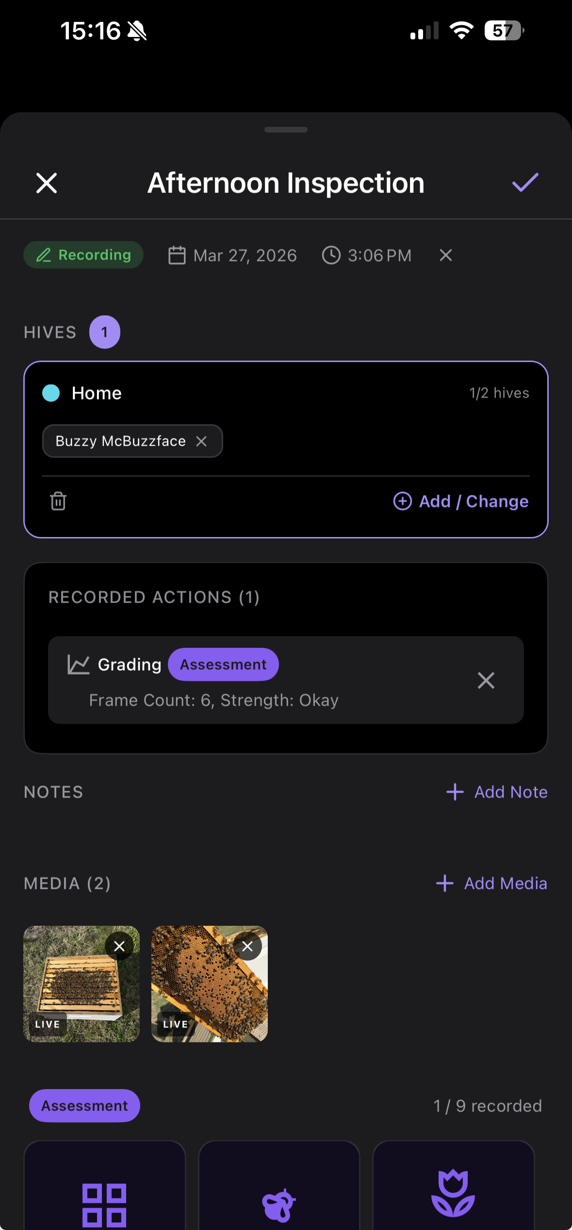 Buzzza app — inspection screen showing hive details, recorded actions, and media