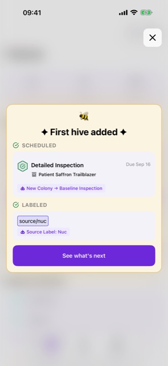 buzZza's first-hive receipt: a Detailed Inspection scheduled for next week and the hive labeled by its source, moments after saving one hive.