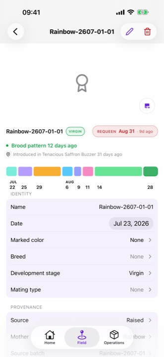 A virgin queen's calendar in buzZza, showing her milestones and when to check that she is laying.