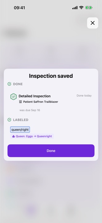 The receipt after saving an inspection: the To Do is done and the next follow-up is scheduled.