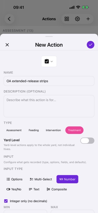 The New Action sheet in buzZza, defining an action called OA extended-release strips, typed as a treatment, with Number chosen as the value it records.