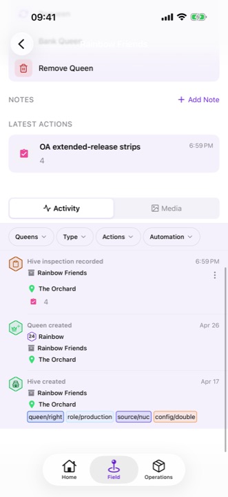 A hive's Latest Actions in buzZza, with the user-written OA extended-release strips action showing four strips and when they went in.