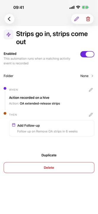 A rule in buzZza, built on a user-written action: when OA extended-release strips is recorded on a hive, schedule Remove OA strips in six weeks.